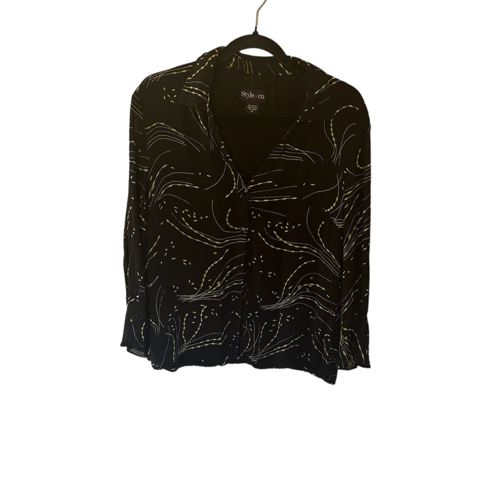 Style & Co. Womens Blouse Button Down Black With Yellow Lines Sz 12 364